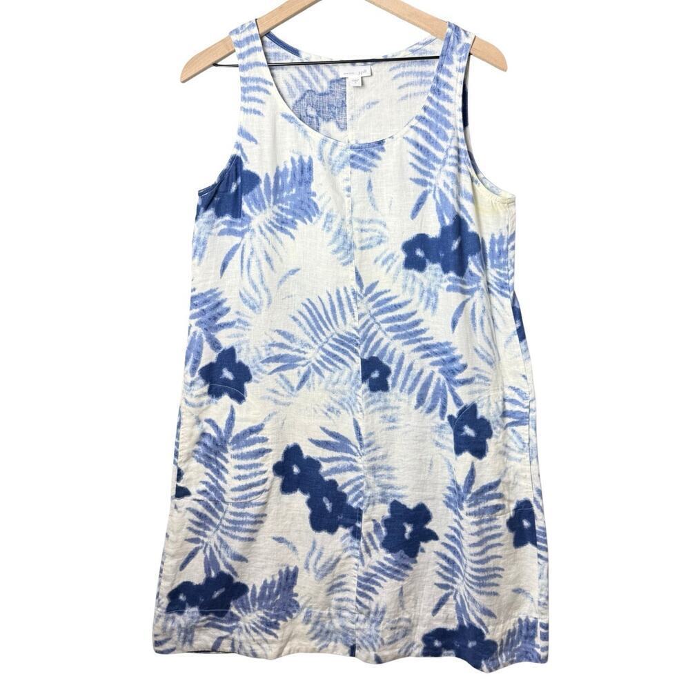 J. Jill Love Linen Palm Leaf Floral Print Shift Dress White Blue with Pockets S